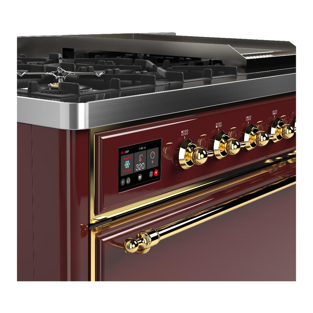 ILVE UM48FQNR3BUG Majestic III 48 inch Dual Fuel Range with 8 Burners and Griddle, Dual Function Burner up to 25,000 BTU (Natural Gas, Solid Door, Burgundy, Brass)