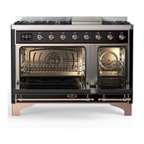 ILVE UM48FQNR3BKPLP Majestic III 48 inch Dual Fuel Range with 8 Burners and Griddle, Dual Function Burner up to 25,000 BTU (Liquid Propane, Solid Door, Glossy Black, Copper)