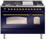 Nostalgie II 48 Inch Dual Fuel Liquid Propane Freestanding Range in Blue with Brass Trim