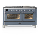 ILVE UM60FNR3BGCLP Majestic III 60 inch Dual Fuel Range with 9 Burners and Griddle, Dual Function Burner up to 25,000 BTU (Liquid Propane, Triple Glass Door, Blue Grey, Chrome)
