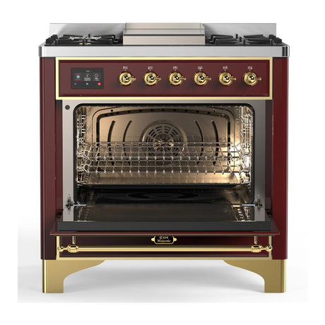 ILVE UM36FQNR3BUGLP Majestic III 36 inch Dual Fuel Range with 6 Black Brass Burners and Griddle, Dual Function Burner up to 25,000 BTU (Solid Door, Burgundy, Brass, Liquid Propane)