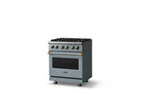 30"W. Dual Fuel Range (Finish: November Sky, Trim: Brushed Brass, Fuel: Propane)