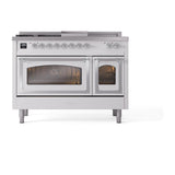 ILVE UN48FSNMPWHC Nostalgie II Noblesse 48 inch Dual Fuel Range (5 Sealed Burners + Griddle + French Top, Natural Gas, Triple Glass Door, White, Chrome)