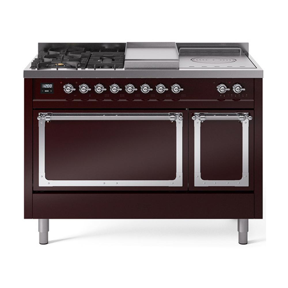 ILVE UN48FSQNMPBUC Nostalgie II Noblesse 48 inch Dual Fuel Range (5 Sealed Burners + Griddle + French Top, Natural Gas, Solid Door, Burgundy, Chrome)