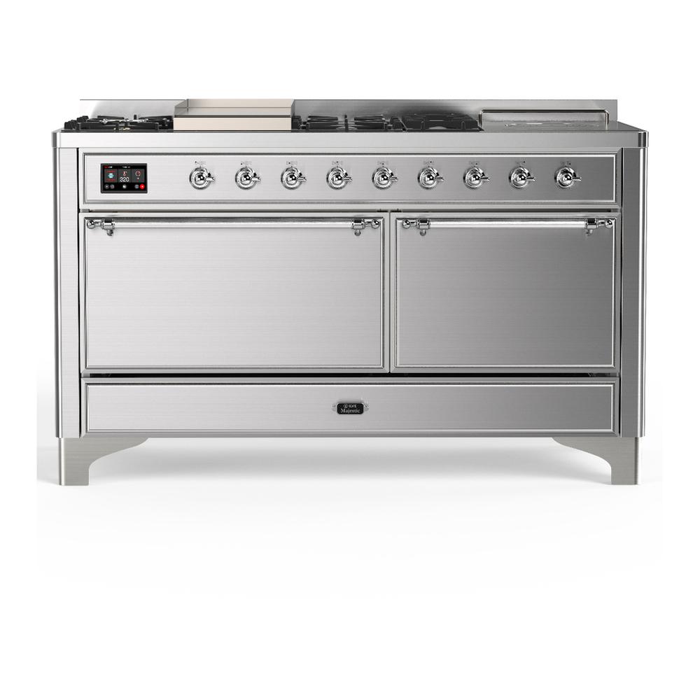 ILVE UM60FSQNR3SSC Majestic III 60 inch Dual Fuel Range with 7 Burners, Griddle and French Top, Dual Function Burner with up to 25,000 BTU (Natural Gas, Solid Door, Stainless Steel, Chrome)