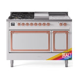ILVE UN48FSQNMPRAP Nostalgie II Noblesse 48 inch Dual Fuel Range (5 Sealed Burners + Griddle + French Top, Natural Gas, Solid Door, RAL, Copper)