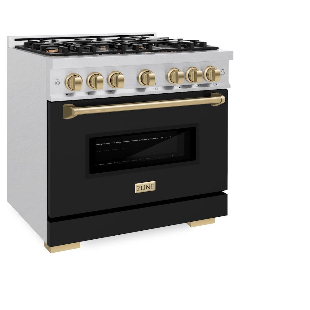 ZLINE Autograph Edition 36 in. 5.2 cu. ft. Classic Gas Range with 6 Burner Cooktop and Convection Gas Oven in DuraSnow' Stainless Steel with Black Matte Door and Champagne Bronze Accents (CGRSZ-BLM-36-CB)