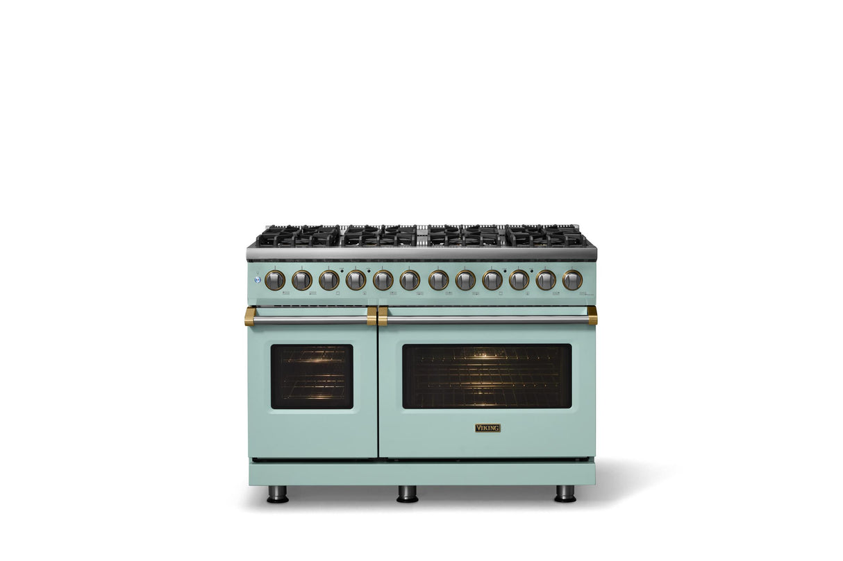 48"W. Dual Fuel Range (Burner: 8b, Finish: Splash, Trim: Brushed Brass, Fuel: Natural Gas)