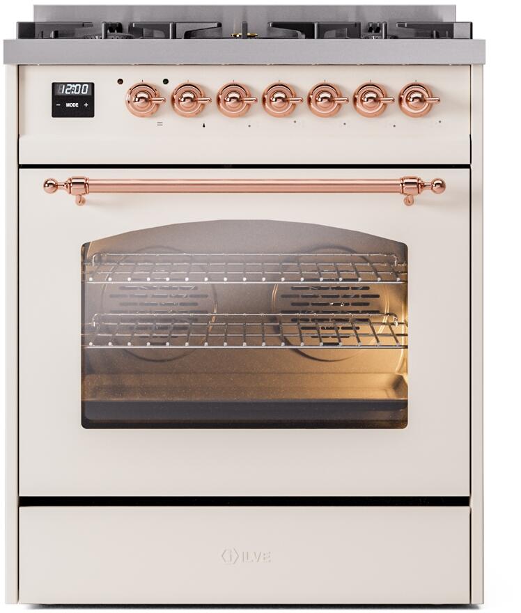 Nostalgie II 30 Inch Dual Fuel Natural Gas Freestanding Range in Antique White with Copper Trim