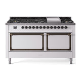 ILVE UN60FQNMPWHBLP Nostalgie II Noblesse 60 inch Dual Fuel Range (9 Sealed Burners + Griddle, Liquid Propane, Solid Door, White, Burnished)