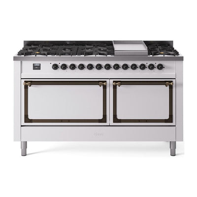 ILVE UN60FQNMPWHBLP Nostalgie II Noblesse 60 inch Dual Fuel Range (9 Sealed Burners + Griddle, Liquid Propane, Solid Door, White, Burnished)