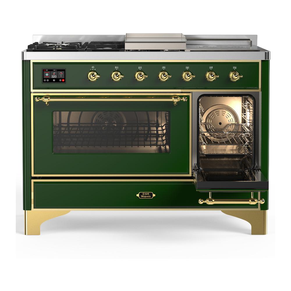 ILVE UM48FSNR3EGG Majestic III 48 inch Dual Fuel Range with 5 Black Brass Burners, Griddle and French Top, Dual Function Burner up to 25,000 BTU (Natural Gas, Triple Glass Door, Emerald Green, Brass)