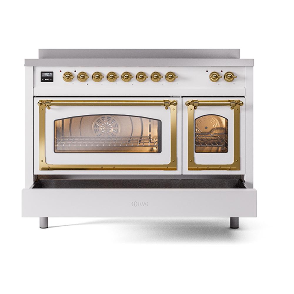 ILVE UNI486NMPWHG Nostalgie II Noblesse 48 inch Induction Range (Triple Glass Door, White, Brass)