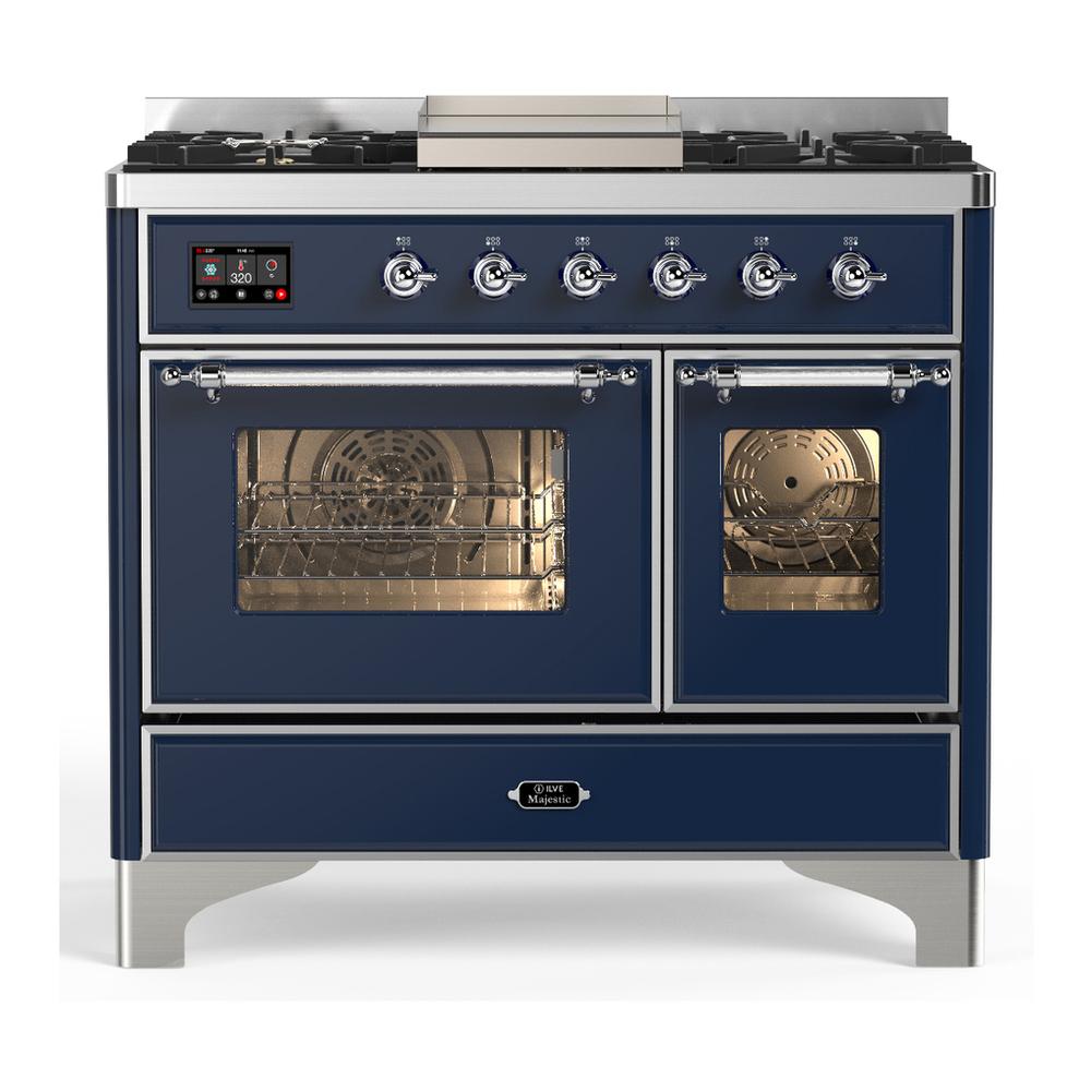 ILVE UMD40FNR3MBC Majestic III 40 inch Dual Fuel Range with 6 Burners and Griddle, Dual Function Burner up to 25,000 BTU (Natural Gas, Triple Glass Door, Midnight Blue, Chrome)