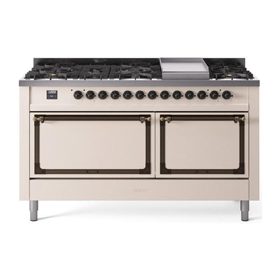 ILVE UN60FQNMPAWB Nostalgie II Noblesse 60 inch Dual Fuel Range (9 Sealed Burners + Griddle, Natural Gas, Solid Door, Antique White, Burnished)