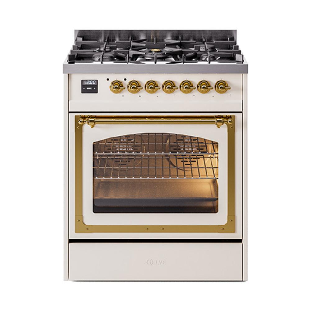 ILVE UN30NMPAWGLP Nostalgie II Noblesse 30 inch Dual Fuel Range (Liquid Propane, Triple Glass Door, Antique White, Brass)