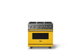 36"W. Open Burner Gas Range (Finish: Daffodil, Trim: Brushed Brass, Fuel: Propane)