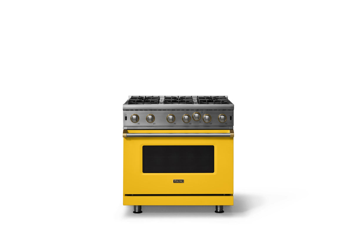 36"W. Open Burner Gas Range (Finish: Daffodil, Trim: Brushed Brass, Fuel: Natural Gas)