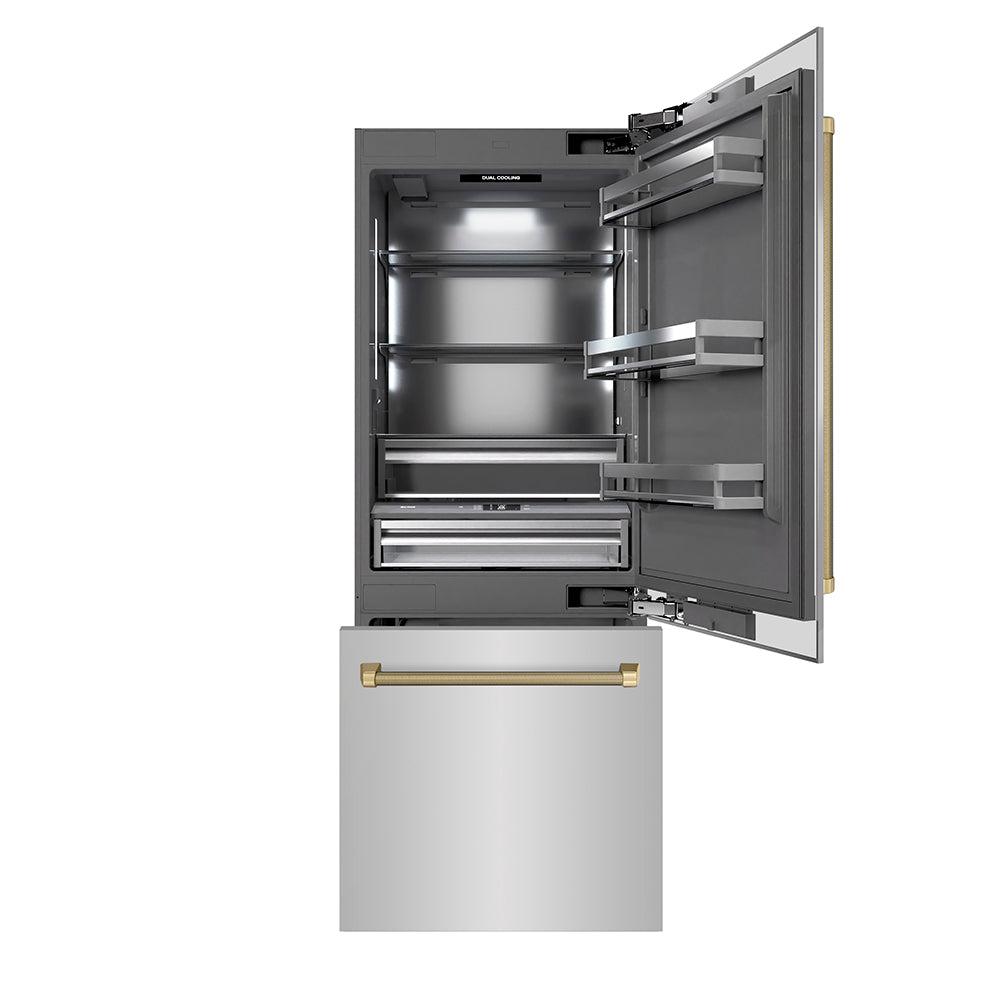 ZLINE Autograph Edition 30 in. 16.1 cu. ft. Built-In Bottom Freezer Refrigerator with Water Dispenser and Ice Maker in Stainless Steel with Graphite Gray Interior and Champagne Bronze Helix Handles (GRBIVZ-30430KCB)
