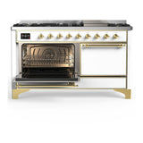 ILVE UM60FQNR3WHGLP Majestic III 60 inch Dual Fuel Range with 9 Burners and Griddle, Dual Function Burner up to 25,000 BTU (Liquid Propane, Solid Door, White, Brass)