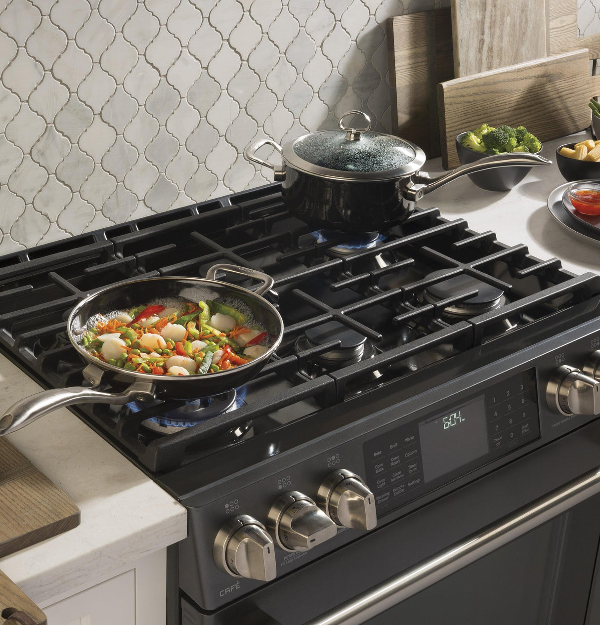 GE Café Series 30" Slide-In Front Control Range with Warming Drawer