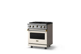 30"W. Open Burner Gas Range (Finish: Pure White, Trim: Brushed Brass, Fuel: Propane)