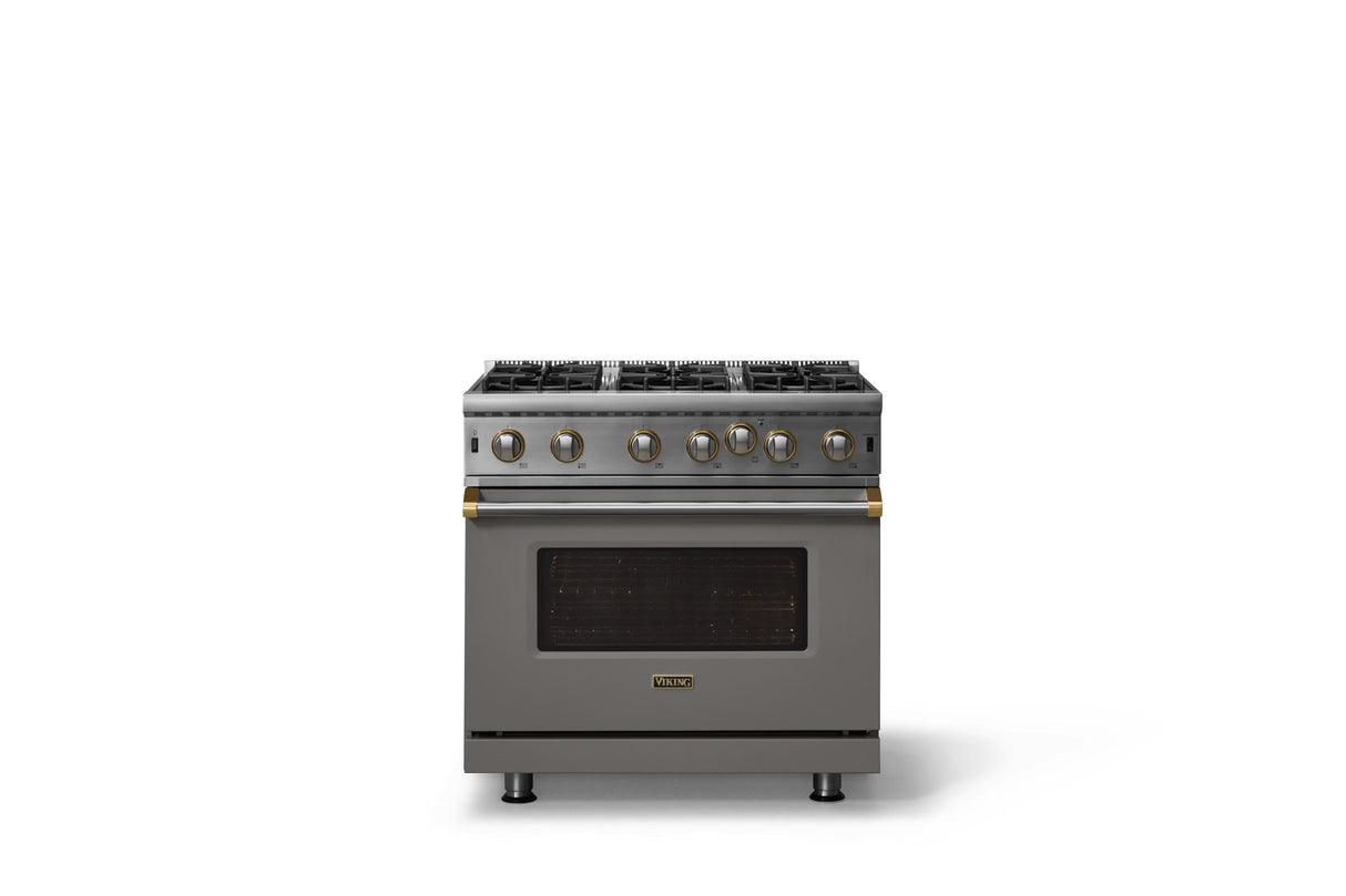 36"W. Open Burner Gas Range (Finish: Damascus Gray, Trim: Brushed Brass, Fuel: Propane)