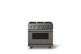 36"W. Open Burner Gas Range (Finish: Damascus Gray, Trim: Brushed Brass, Fuel: Propane)