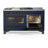 ILVE UM60FSNR3MBBLP Majestic III 60 inch Dual Fuel Range with 7 Burners, Griddle and French Top, Dual Function Burner with up to 25,000 BTU (Liquid Propane, Triple Glass Door, Midnight Blue, Burnished)