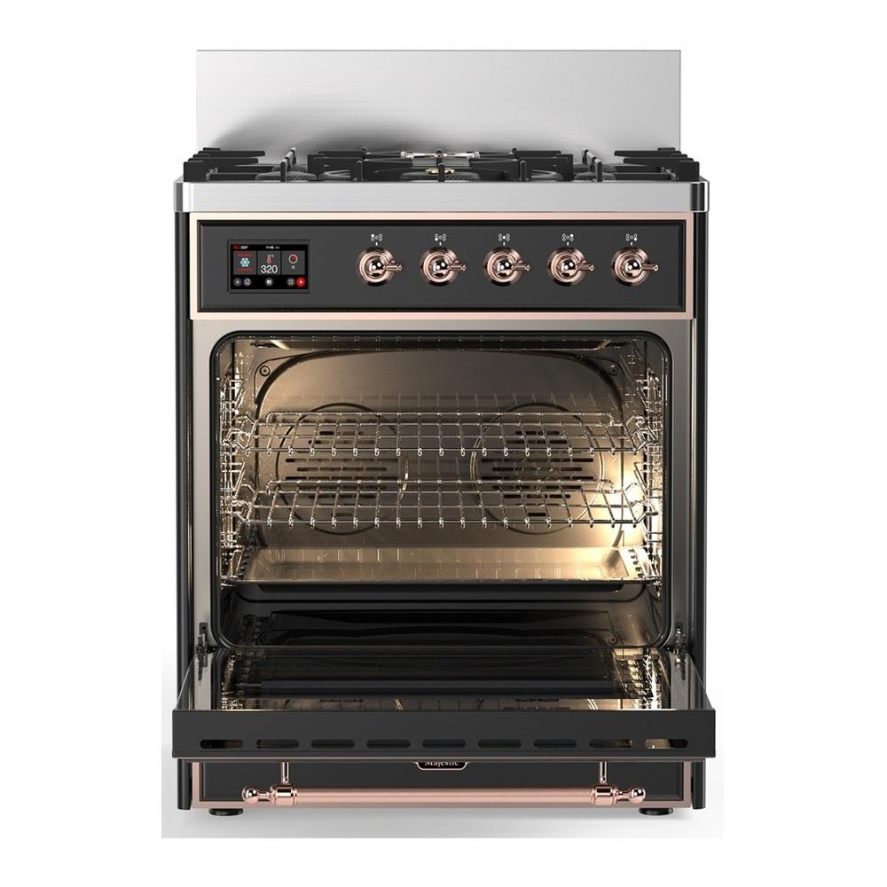 ILVE UM30NR3MGP Majestic III 30 inch Dual Fuel Range with 5 Black Brass Burners, Dual Function Burner up to 25,000 BTU (Natural Gas, Triple Glass Door, Graphite Matte, Copper)
