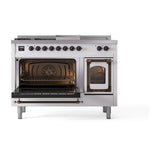 ILVE UN48FSNMPWHBLP Nostalgie II Noblesse 48 inch Dual Fuel Range (5 Sealed Burners + Griddle + French Top, Liquid Propane, Triple Glass Door, White, Burnished)