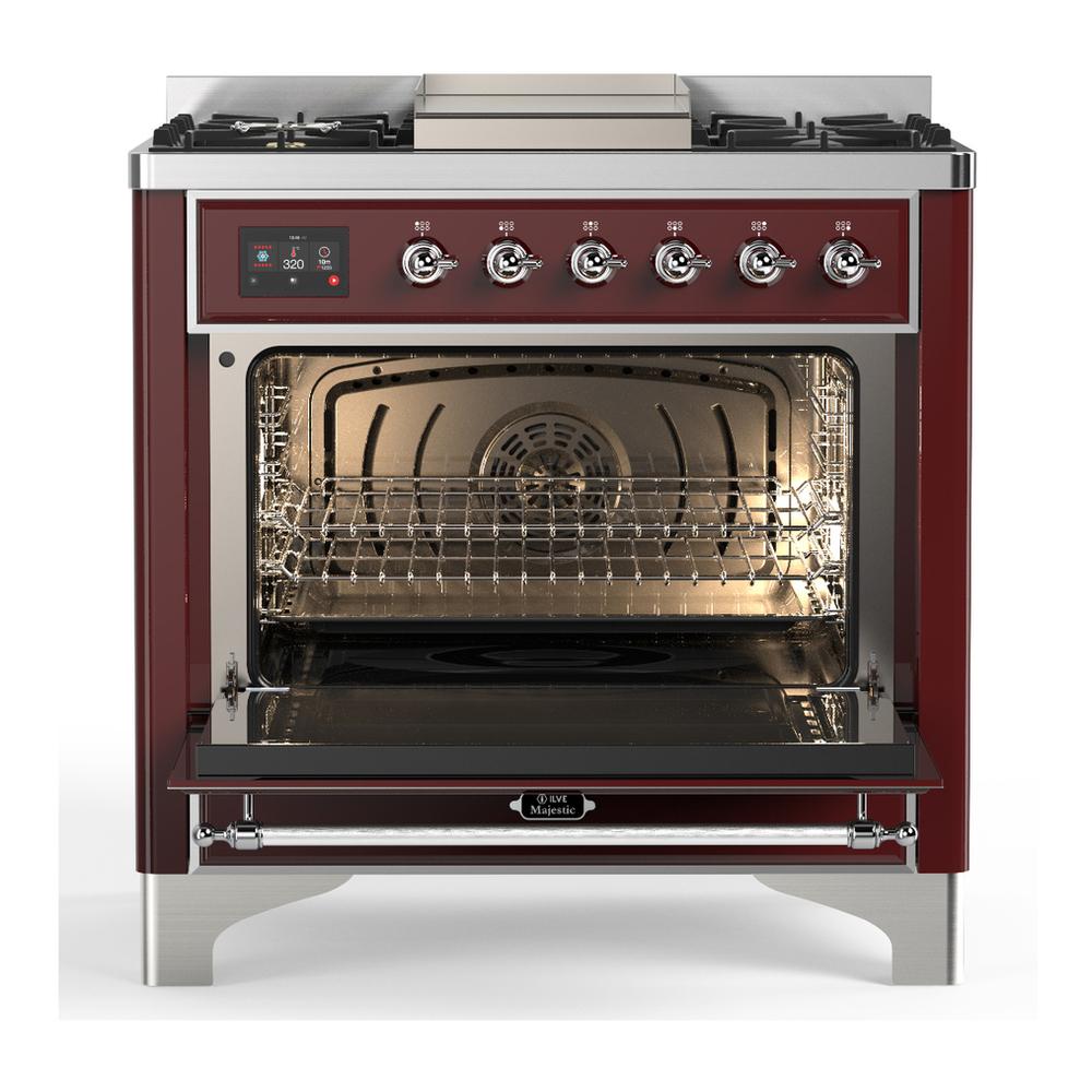 ILVE UM36FNR3BUCLP Majestic III 36 inch Dual Fuel Range with 6 Black Brass Burners and Griddle, Dual Function Burner up to 25,000 BTU (Triple Glass Door, Burgundy, Chrome, Liquid Propane)