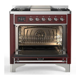 ILVE UM36FNR3BUCLP Majestic III 36 inch Dual Fuel Range with 6 Black Brass Burners and Griddle, Dual Function Burner up to 25,000 BTU (Triple Glass Door, Burgundy, Chrome, Liquid Propane)