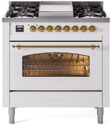Nostalgie II 36 Inch Dual Fuel Liquid Propane Freestanding Range in White with Brass Trim