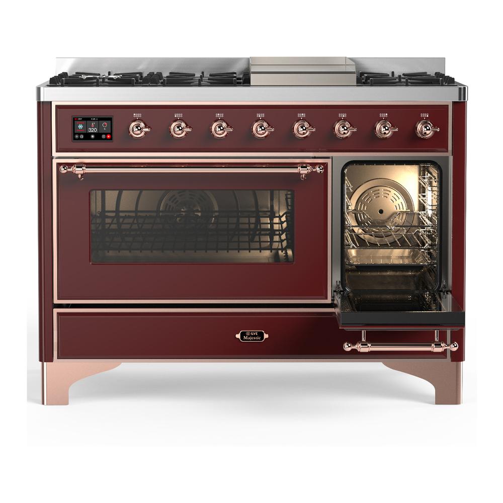 ILVE UM48FNR3BUP Majestic III 48 inch Dual Fuel Range with 8 Burners and Griddle, Dual Function Burner up to 25,000 BTU (Natural Gas, Triple Glass Door, Burgundy, Copper)
