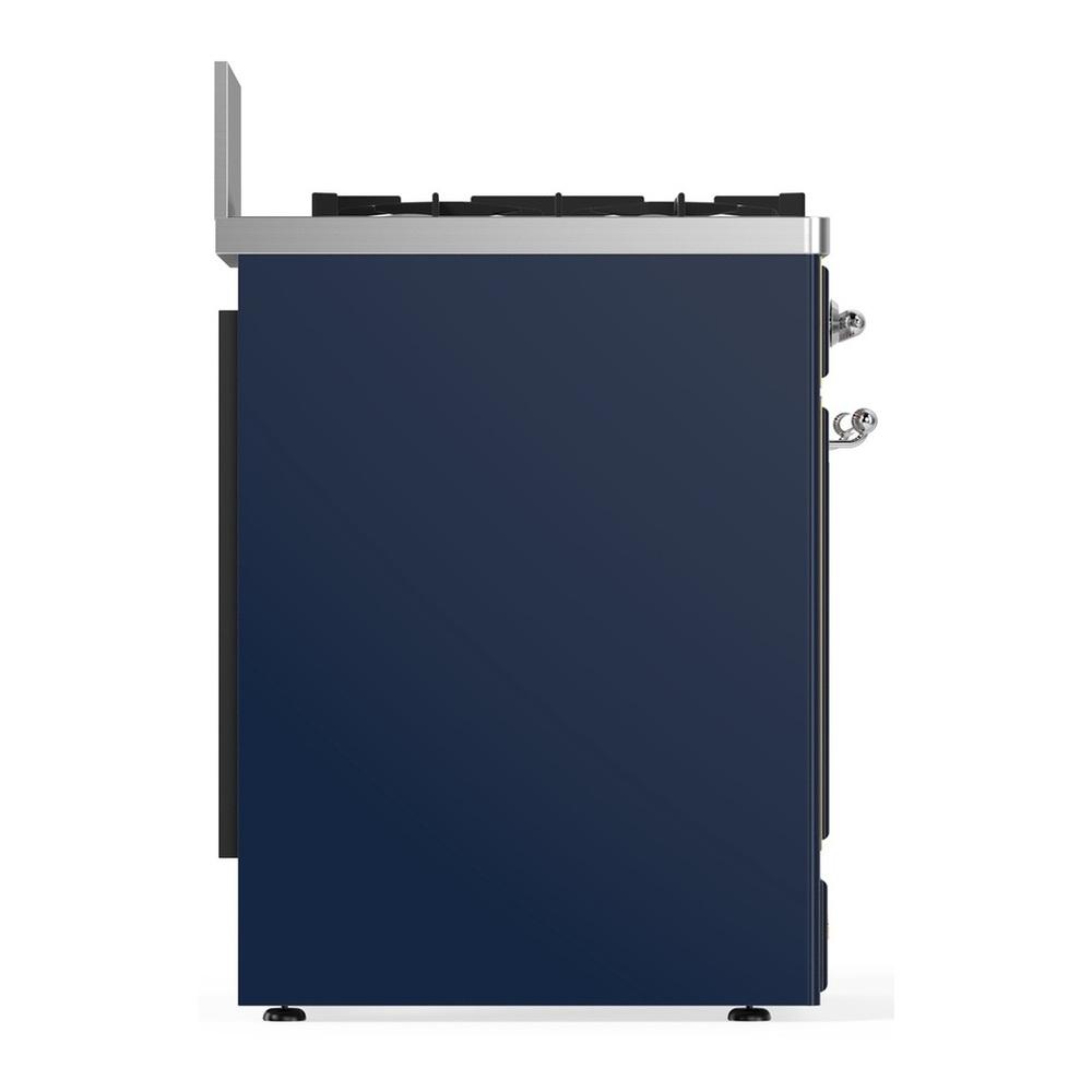ILVE UM30NR3MBCLP Majestic III 30 inch Dual Fuel Range with 5 Black Brass Burners, Dual Function Burner up to 25,000 BTU (Liquid Propane, Triple Glass Door, Midnight Blue, Chrome)