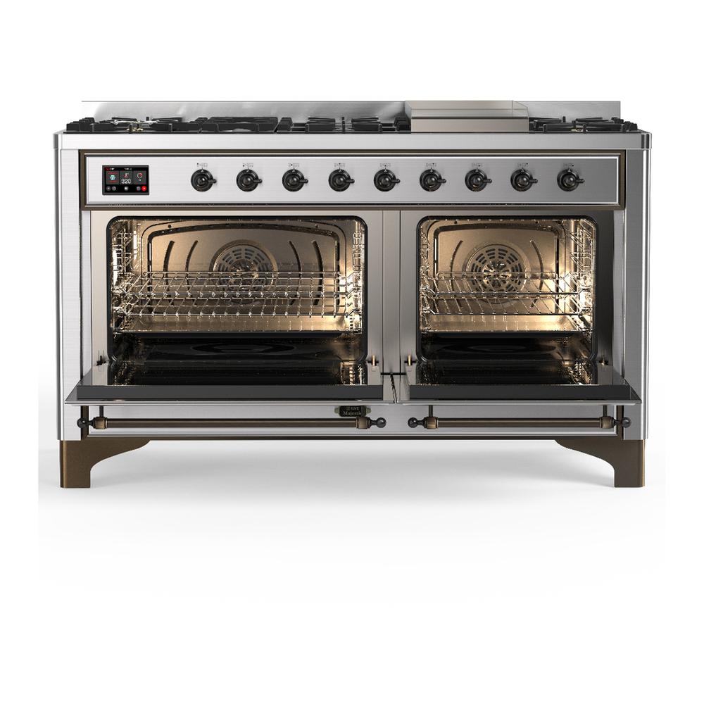 ILVE UM60FNR3SSB Majestic III 60 inch Dual Fuel Range with 9 Burners and Griddle, Dual Function Burner up to 25,000 BTU (Natural Gas, Triple Glass Door, Stainless Steel, Burnished)