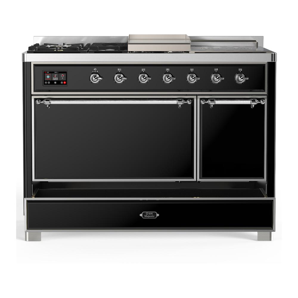 ILVE UM48FSQNR3BKCLP Majestic III 48 inch Dual Fuel Range with 5 Black Brass Burners, Griddle and French Top, Dual Function Burner up to 25,000 BTU (Liquid Propane, Solid Door, Glossy Black, Chrome)