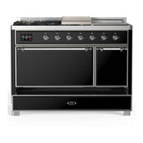 ILVE UM48FSQNR3BKCLP Majestic III 48 inch Dual Fuel Range with 5 Black Brass Burners, Griddle and French Top, Dual Function Burner up to 25,000 BTU (Liquid Propane, Solid Door, Glossy Black, Chrome)