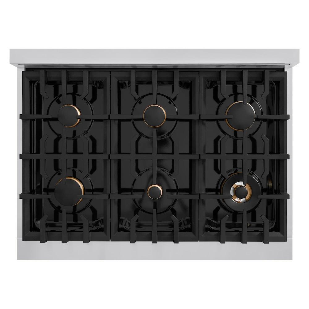 ZLINE Autograph Edition 36 in. 5.2 cu. ft. Classic Gas Range with 6 Burner Cooktop and Convection Gas Oven in Stainless Steel with Black Matte Door and Champagne Bronze Accents (CGRZ-BLM-36-CB)