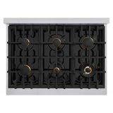 ZLINE Autograph Edition 36 in. 5.2 cu. ft. Classic Gas Range with 6 Burner Cooktop and Convection Gas Oven in Stainless Steel with Black Matte Door and Champagne Bronze Accents (CGRZ-BLM-36-CB)