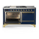 ILVE UM60FSQNR3MBG Majestic III 60 inch Dual Fuel Range with 7 Burners, Griddle and French Top, Dual Function Burner with up to 25,000 BTU (Natural Gas, Solid Door, Midnight Blue, Brass)