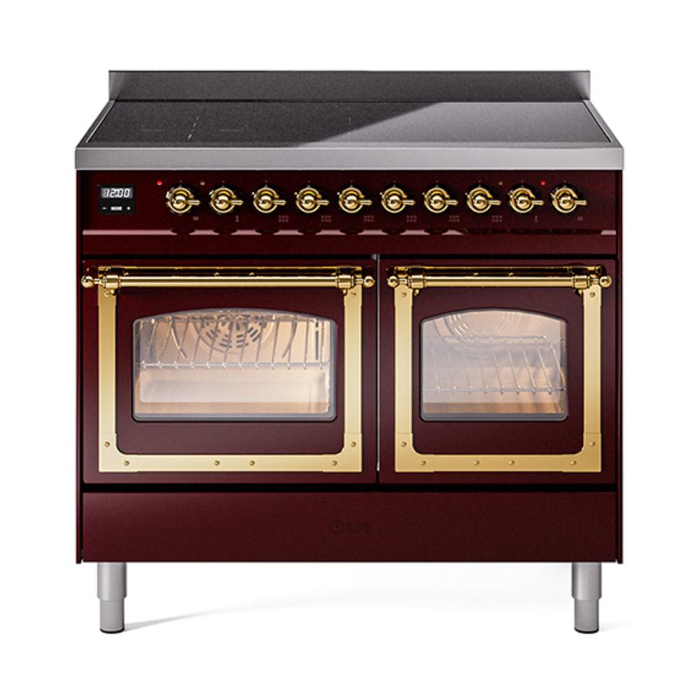 ILVE UNDI406NMPBUG Nostalgie II Noblesse 40 inch Induction Range (Triple Glass Door, Burgundy, Brass)
