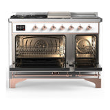 ILVE UM48FSQNR3WHPLP Majestic III 48 inch Dual Fuel Range with 5 Black Brass Burners, Griddle and French Top, Dual Function Burner up to 25,000 BTU (Liquid Propane, Solid Door, White, Copper)