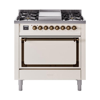 ILVE UN36FQNMPAWBLP Nostalgie II Noblesse 36 inch Dual Fuel Range (Liquid Propane, Solid Door, Antique White, Burnished)