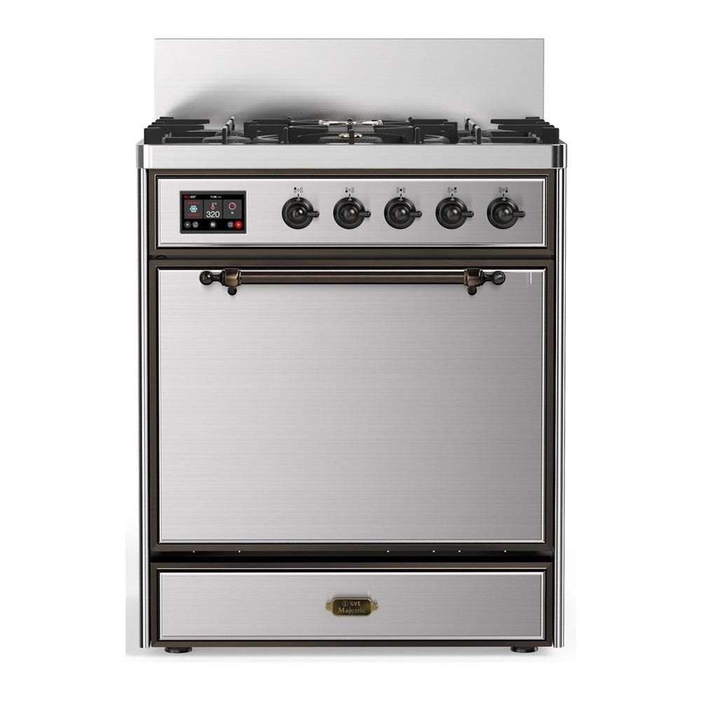 ILVE UM30QNR3SSB Majestic III 30 inch Dual Fuel Range with 5 Black Brass Burners, Dual Function Burner up to 25,000 BTU (Natural Gas, Solid Door, Stainless Steel, Burnished)
