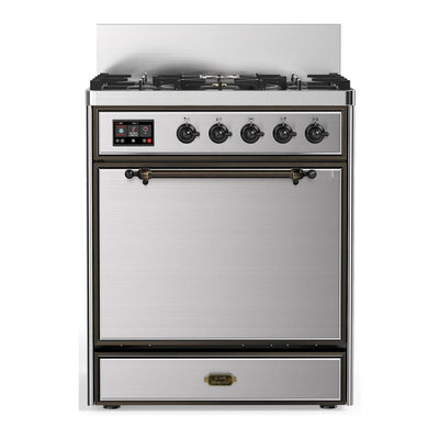 ILVE UM30QNR3SSB Majestic III 30 inch Dual Fuel Range with 5 Black Brass Burners, Dual Function Burner up to 25,000 BTU (Natural Gas, Solid Door, Stainless Steel, Burnished)