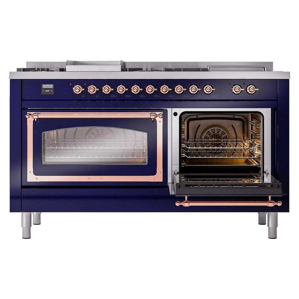 ILVE UN60FSNMPMBP Nostalgie II Noblesse 60 inch Dual Fuel Range (7 Sealed Burners + Griddle + French Top, Natural Gas, Triple Glass Door, Midnight Blue, Copper)