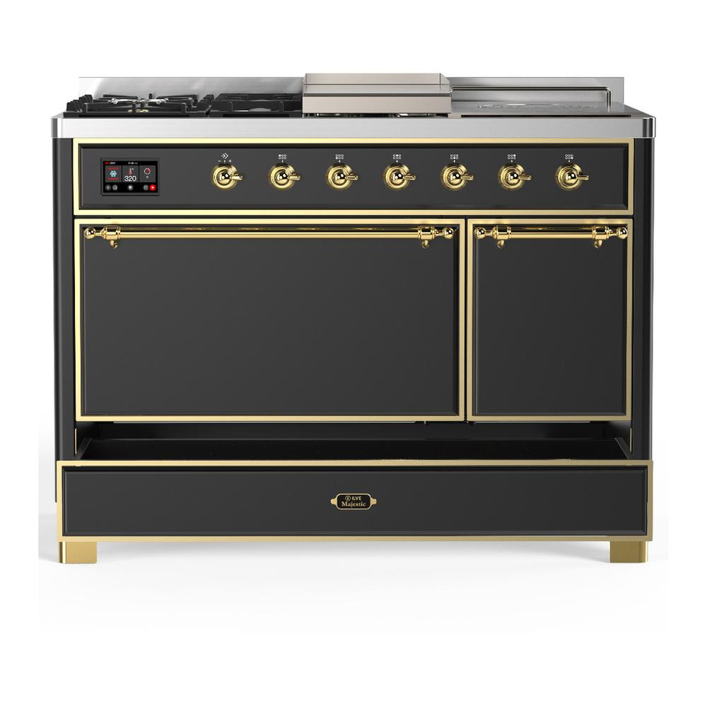 ILVE UM48FSQNR3MGGLP Majestic III 48 inch Dual Fuel Range with 5 Black Brass Burners, Griddle and French Top, Dual Function Burner up to 25,000 BTU (Liquid Propane, Solid Door, Graphite Matte, Brass)