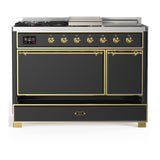 ILVE UM48FSQNR3MGGLP Majestic III 48 inch Dual Fuel Range with 5 Black Brass Burners, Griddle and French Top, Dual Function Burner up to 25,000 BTU (Liquid Propane, Solid Door, Graphite Matte, Brass)